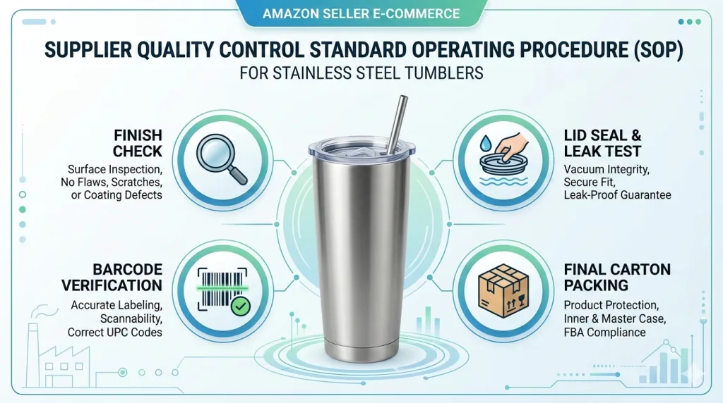 Pre shipment QC checklist for Amazon tumbler orders including finish inspection lid seal check and packaging labeling