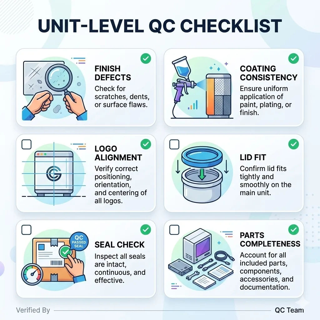 Unit level QC checklist for stainless tumblers showing logo alignment finish defects lid fit and barcode scanability