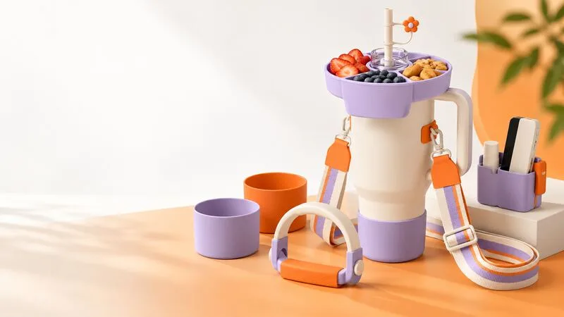 Custom tumbler accessories set with snack tray, carry strap, protective boot and storage sleeve